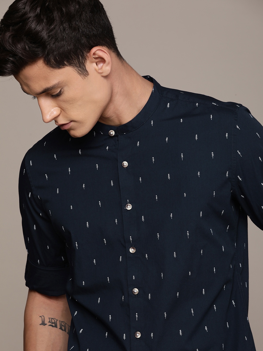 

French Connection Band Collar Slim Fit Conversational Printed Pure Cotton Casual Shirt, Navy blue