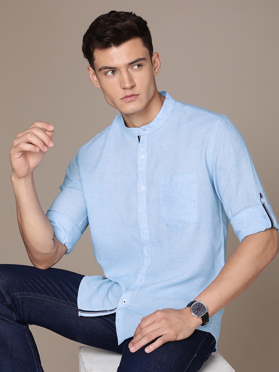 

French Connection Band Collar Roll-Up Sleeves Slim Fit Casual Shirt, Blue