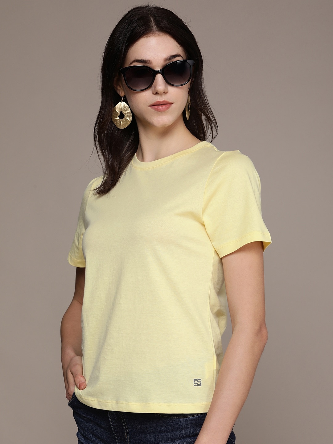

French Connection Women Pure Cotton Solid Round Neck T-shirt, Yellow