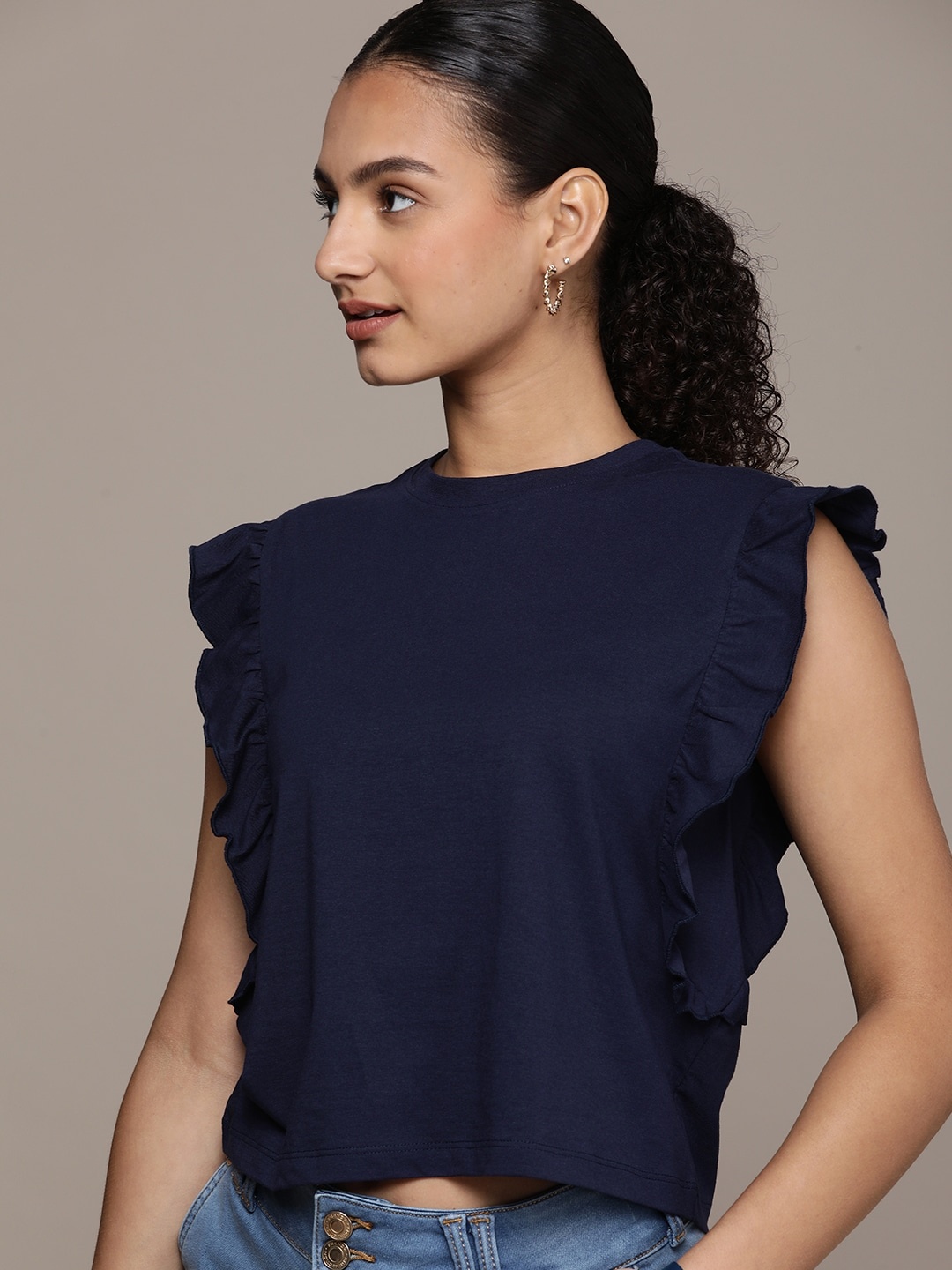 

French Connection Pure Cotton Solid Flutter Sleeves Ruffles Knitted Regular Top, Navy blue