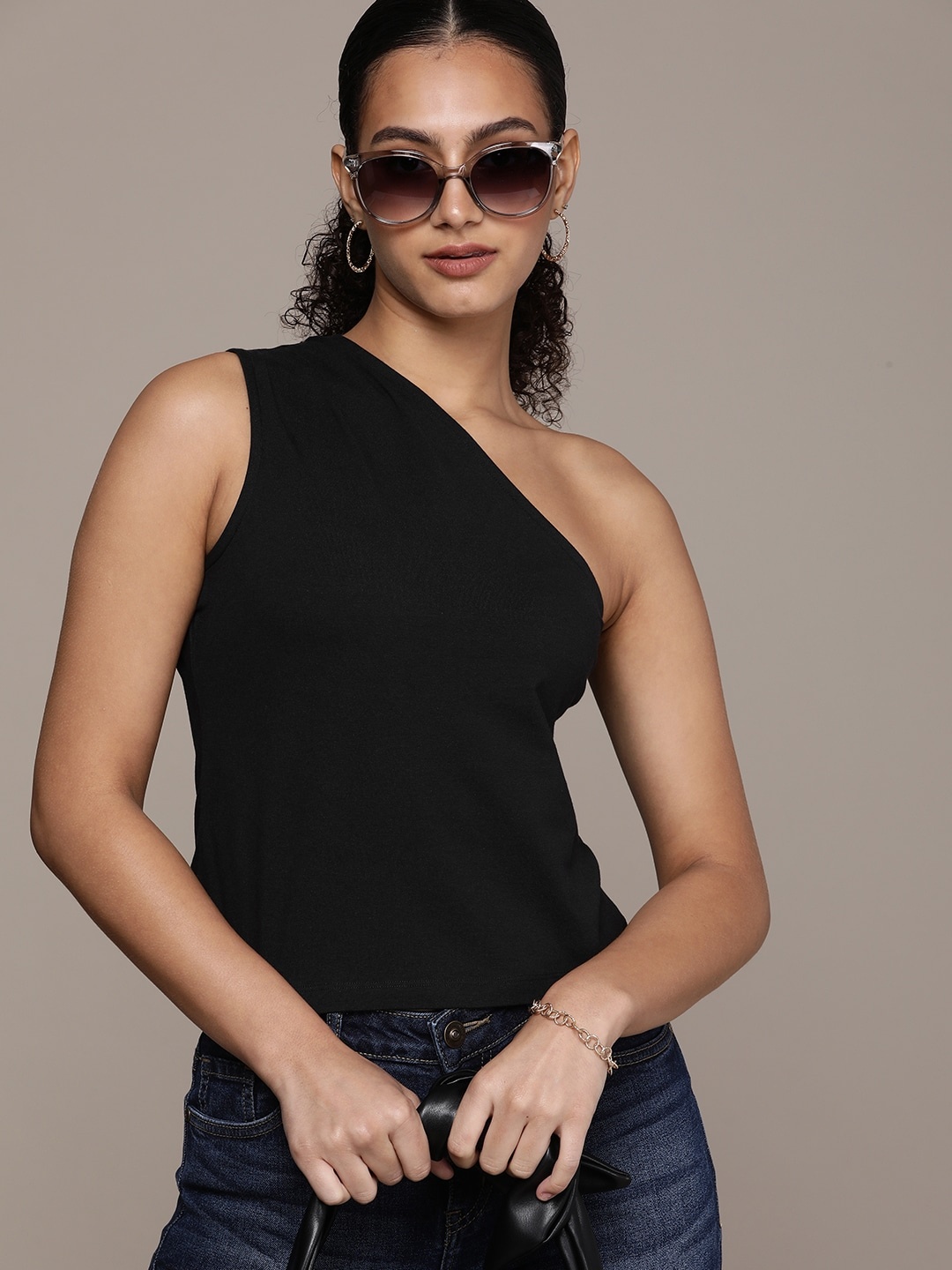 

French Connection Solid One Shoulder Knitted Fitted Top, Black