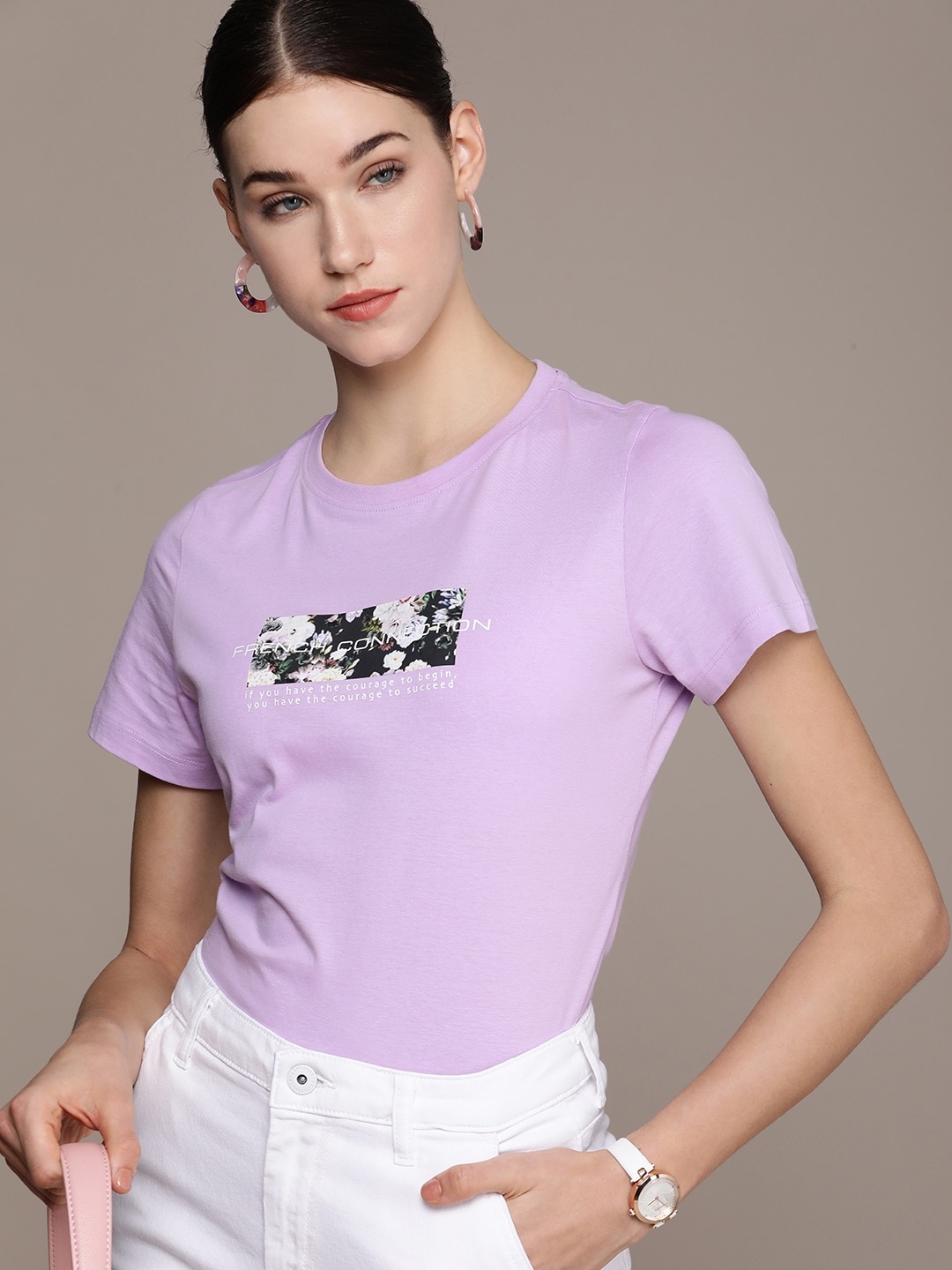 

French Connection Women Pure Cotton Floral & Brand Logo Print T-shirt, Purple