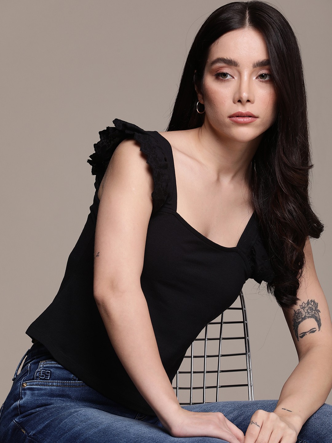 

French Connection Square Neck Solid Flutter Sleeve Top With Embroidered Detailing, Black
