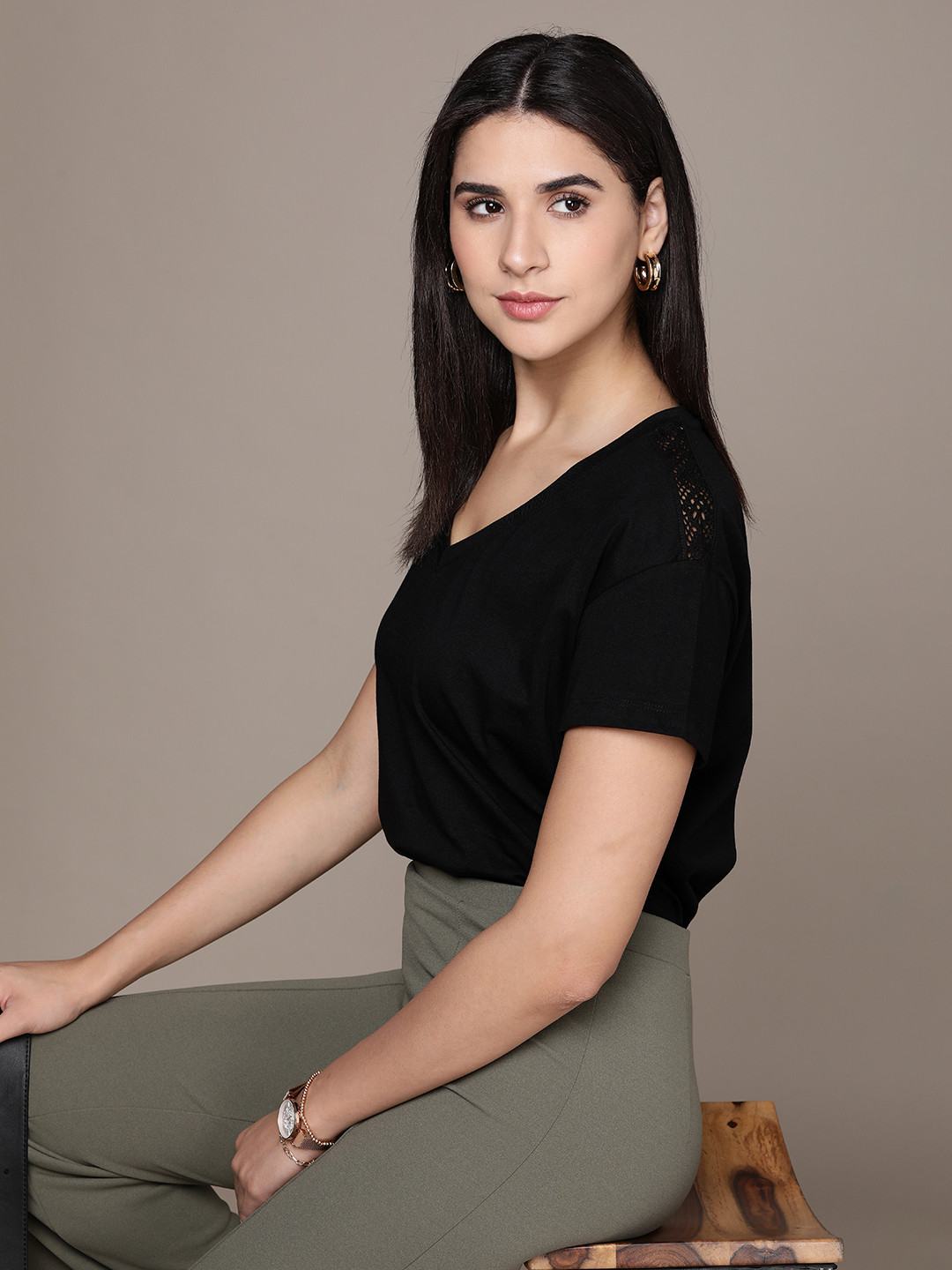 

French Connection Solid V-Neck Pure Cotton T-shirt With Lace Detail On Shoulder, Black
