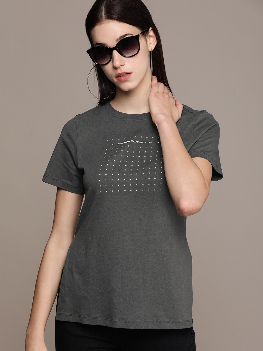 

French Connection Women Pure Cotton Studs Embellished T-shirt, Grey