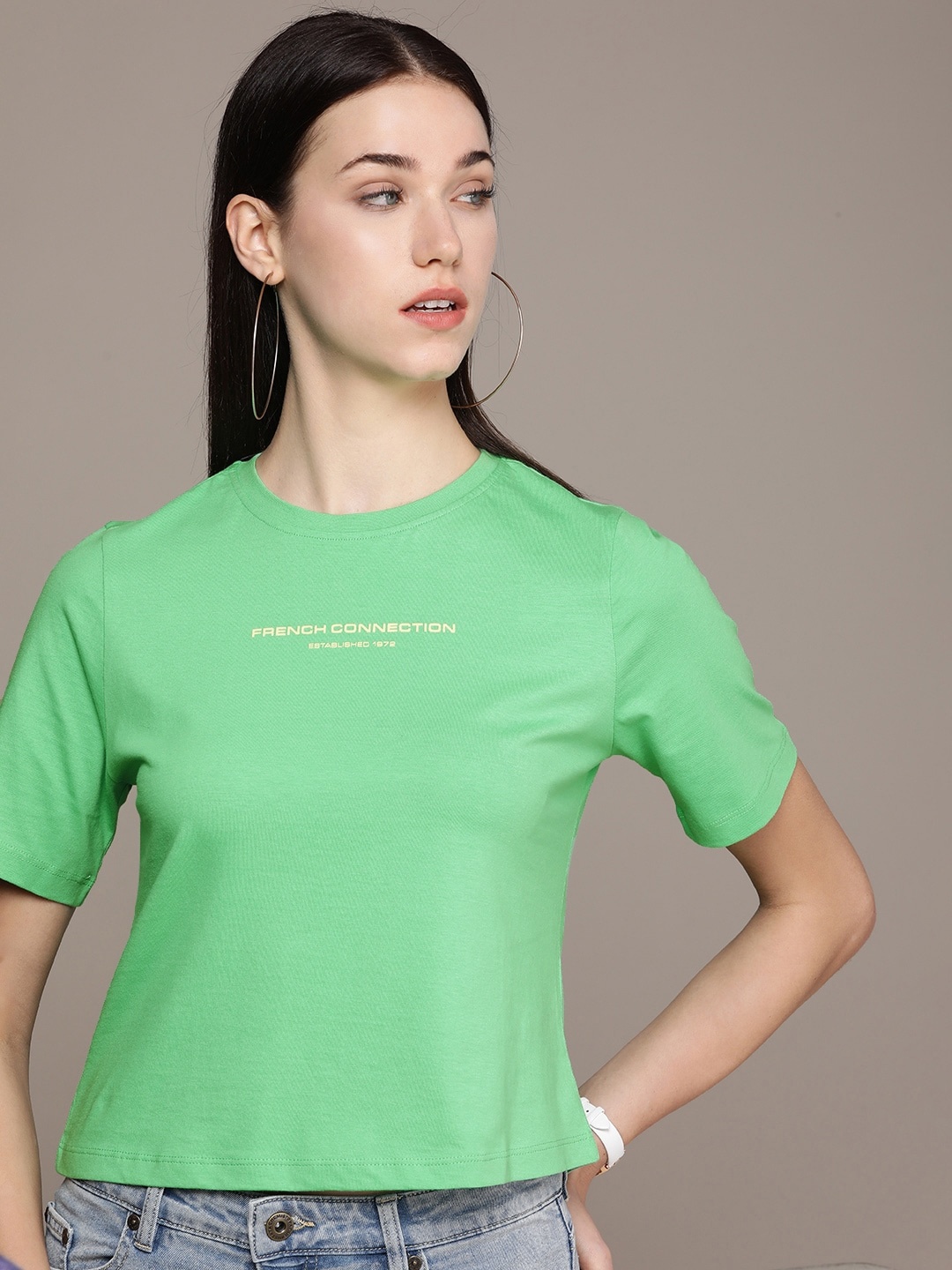 

French Connection Women Pure Cotton Solid Brand Logo Detail T-shirt, Green