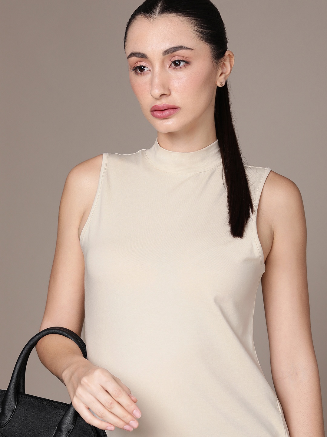 

French Connection Solid High Neck Sleeveless T-shirt, Beige