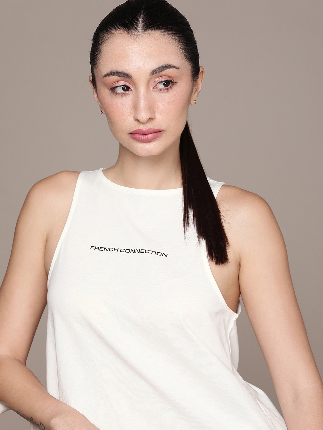 

French Connection Typography Printed Pure Cotton Sleeveless T-shirt, White