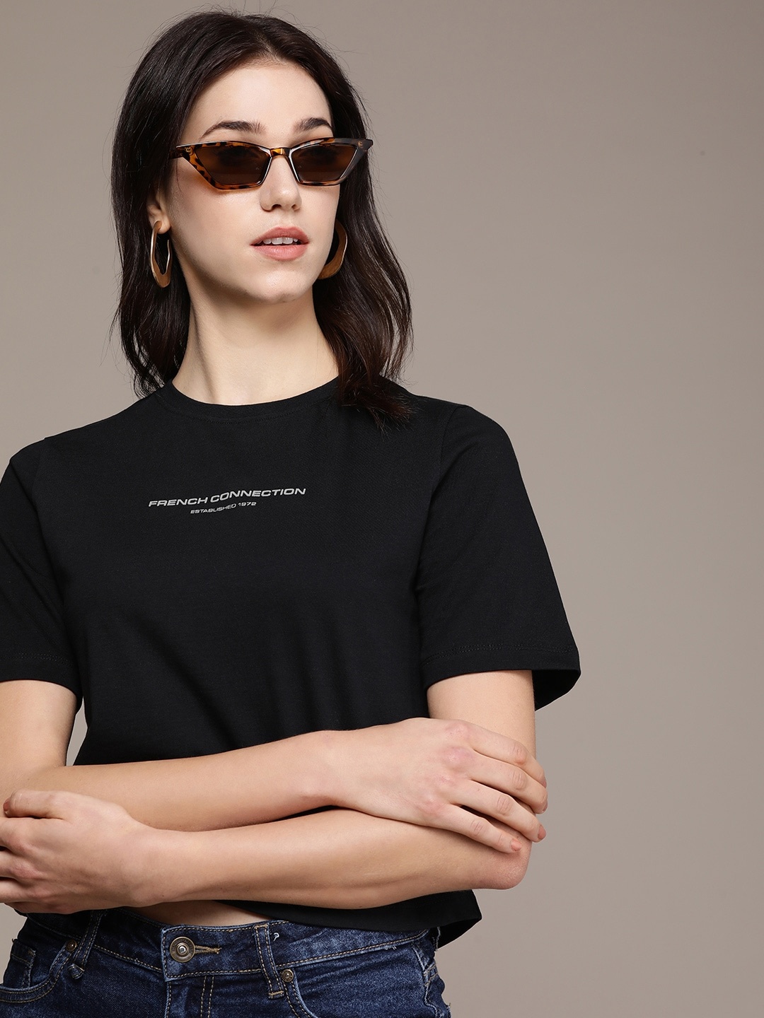 

French Connection Women Pure Cotton Solid Brand Logo Detail T-shirt, Black