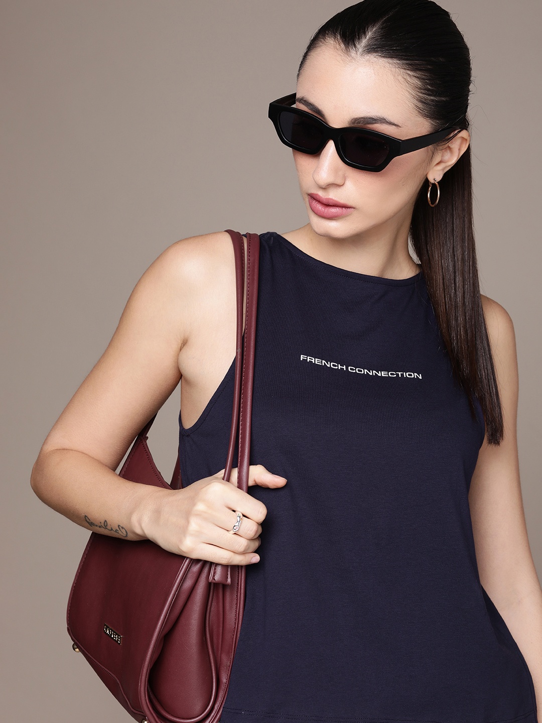 

French Connection Typography Printed Pure Cotton Sleeveless T-shirt, Navy blue
