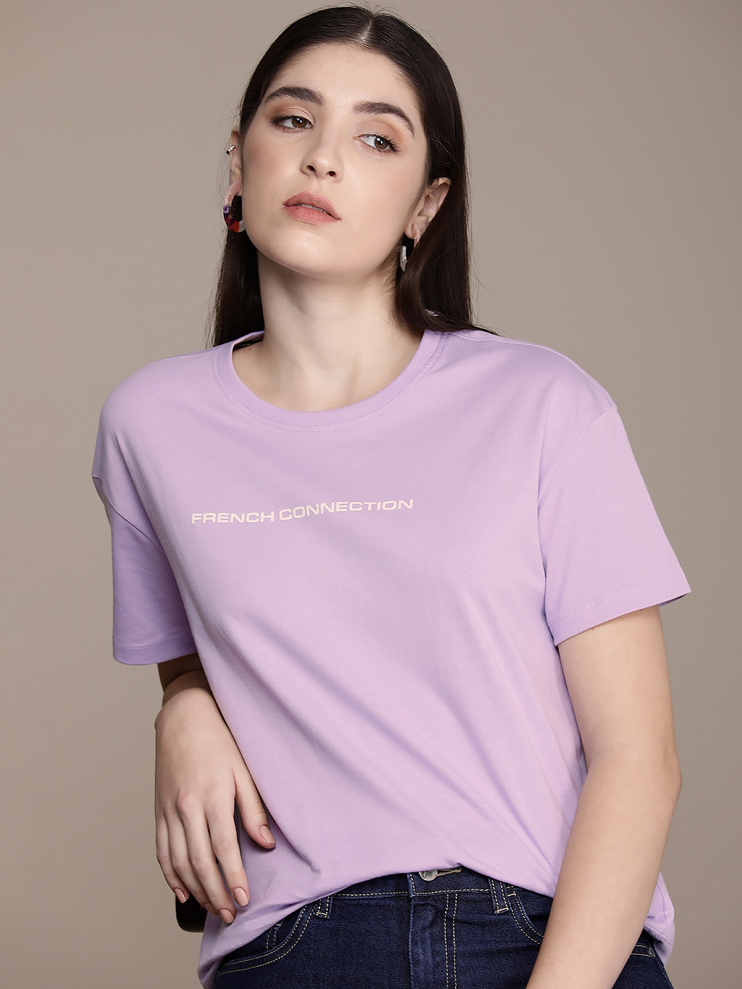 

French Connection Drop-Shoulder Sleeves Pure Cotton T-shirt, Lavender