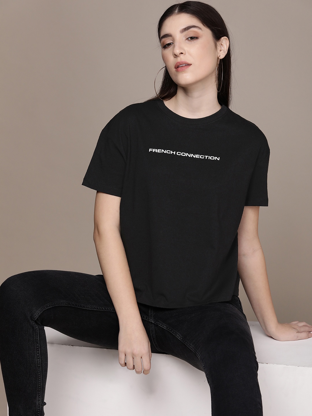 

French Connection Drop-Shoulder Sleeves Pure Cotton T-shirt, Black