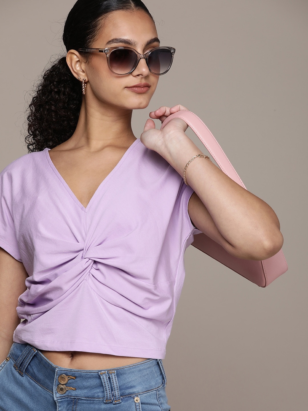 

French Connection Solid V-Neck Extended Sleeves Twisted Knitted Regular Top, Lavender