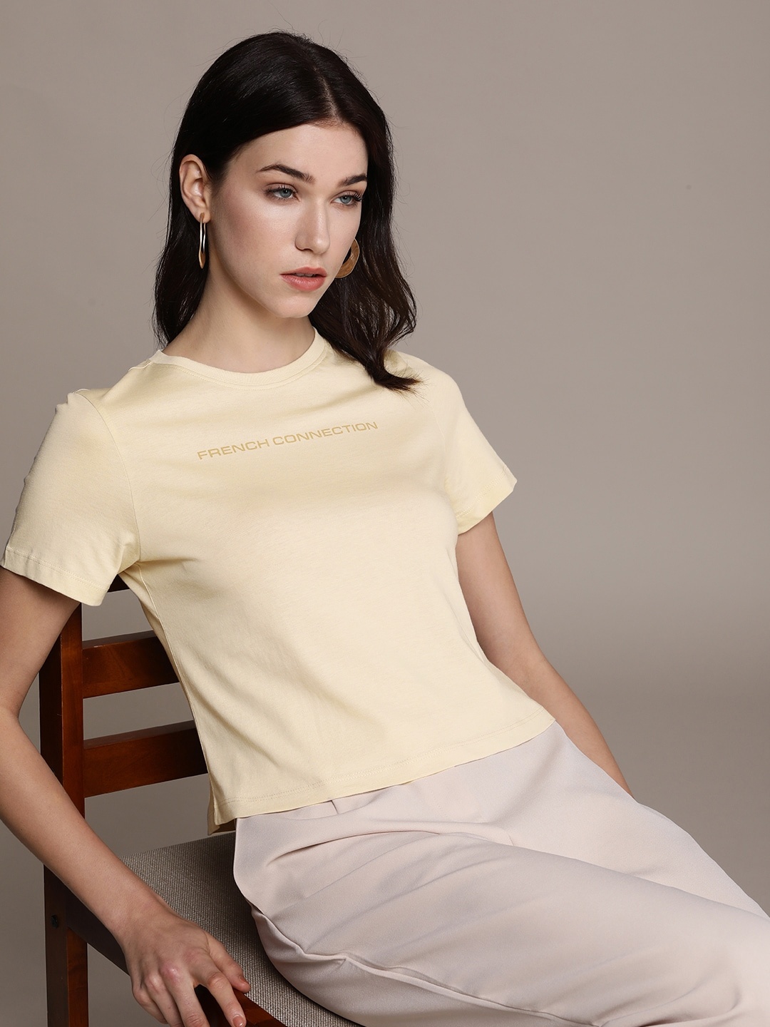 

French Connection Women Pure Cotton Brand Logo Printed Round Neck T-shirt, Beige