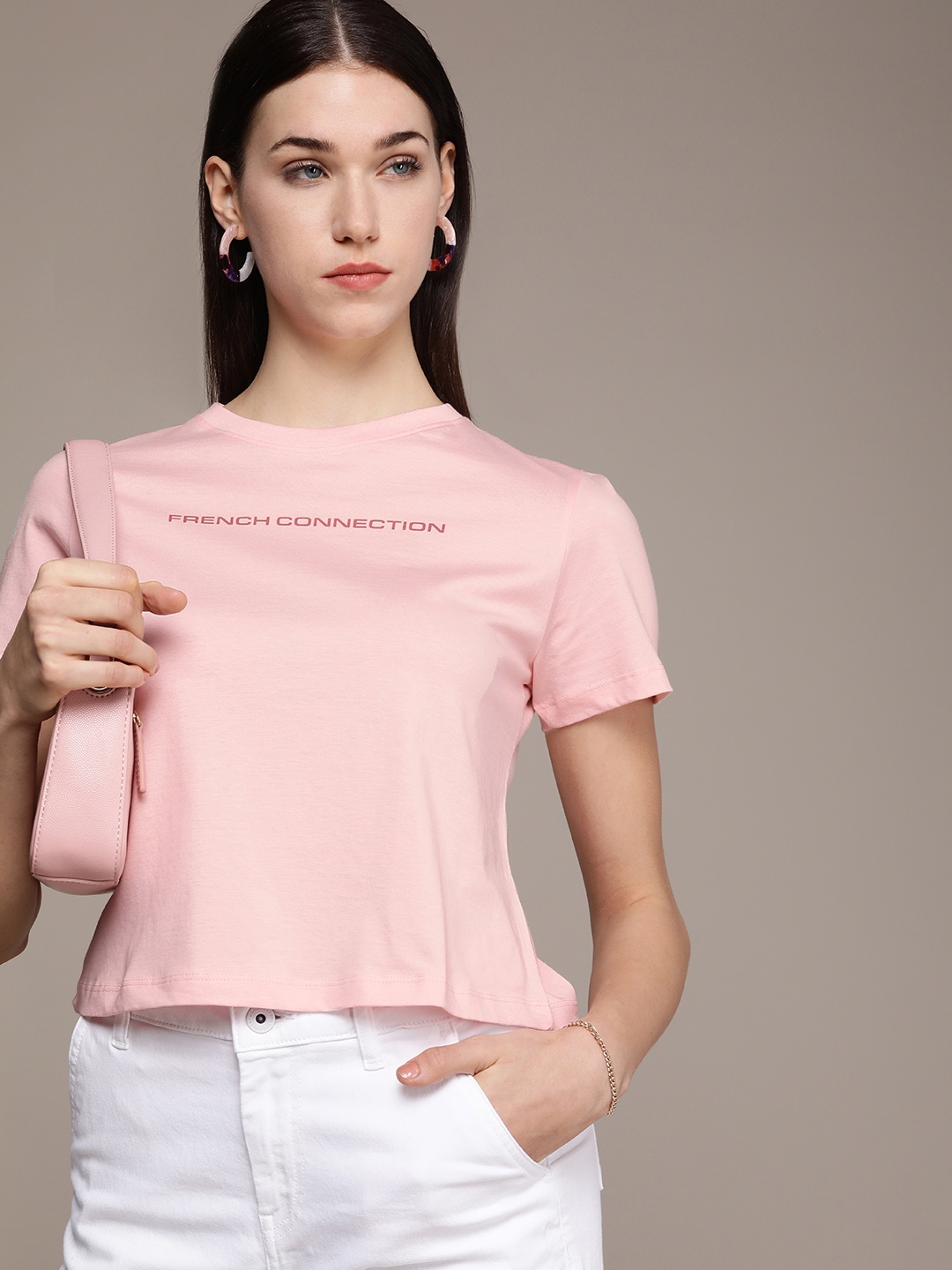 

French Connection Women Pure Cotton Brand Logo Printed Round Neck T-shirt, Pink