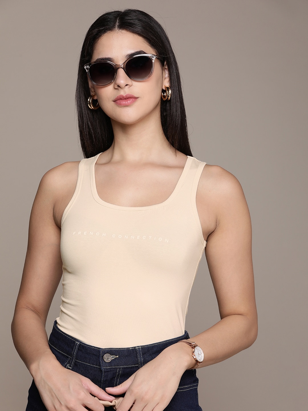 

French Connection Brand Logo Printed Sleeveless Casual T-shirt, Beige