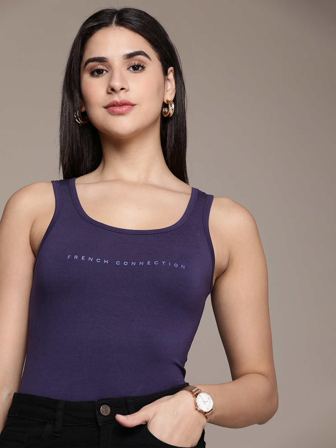 

French Connection Brand Logo Printed Sleeveless Casual T-shirt, Navy blue