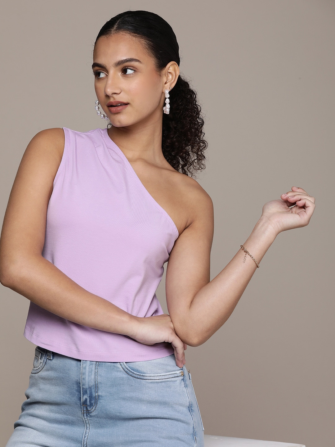 

French Connection Solid One Shoulder Knitted Fitted Top, Purple