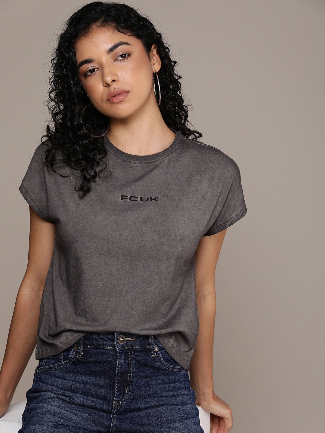 

FCUK Women Pure Cotton Extended Sleeves T-shirt, Grey