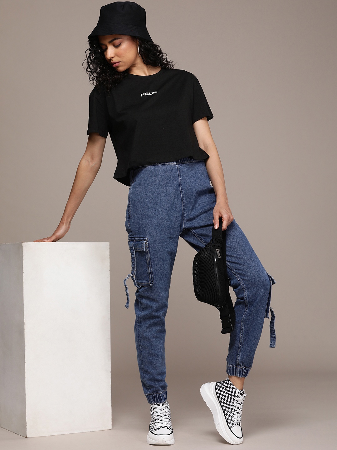 

FCUK Drop-Shoulder Sleeves Pure Cotton T-shirt With Minimal Typography Print, Black