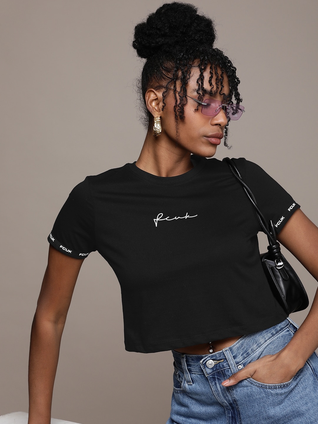 

FCUK Brand Logo Printed Pure Cotton Crop T-shirt, Black