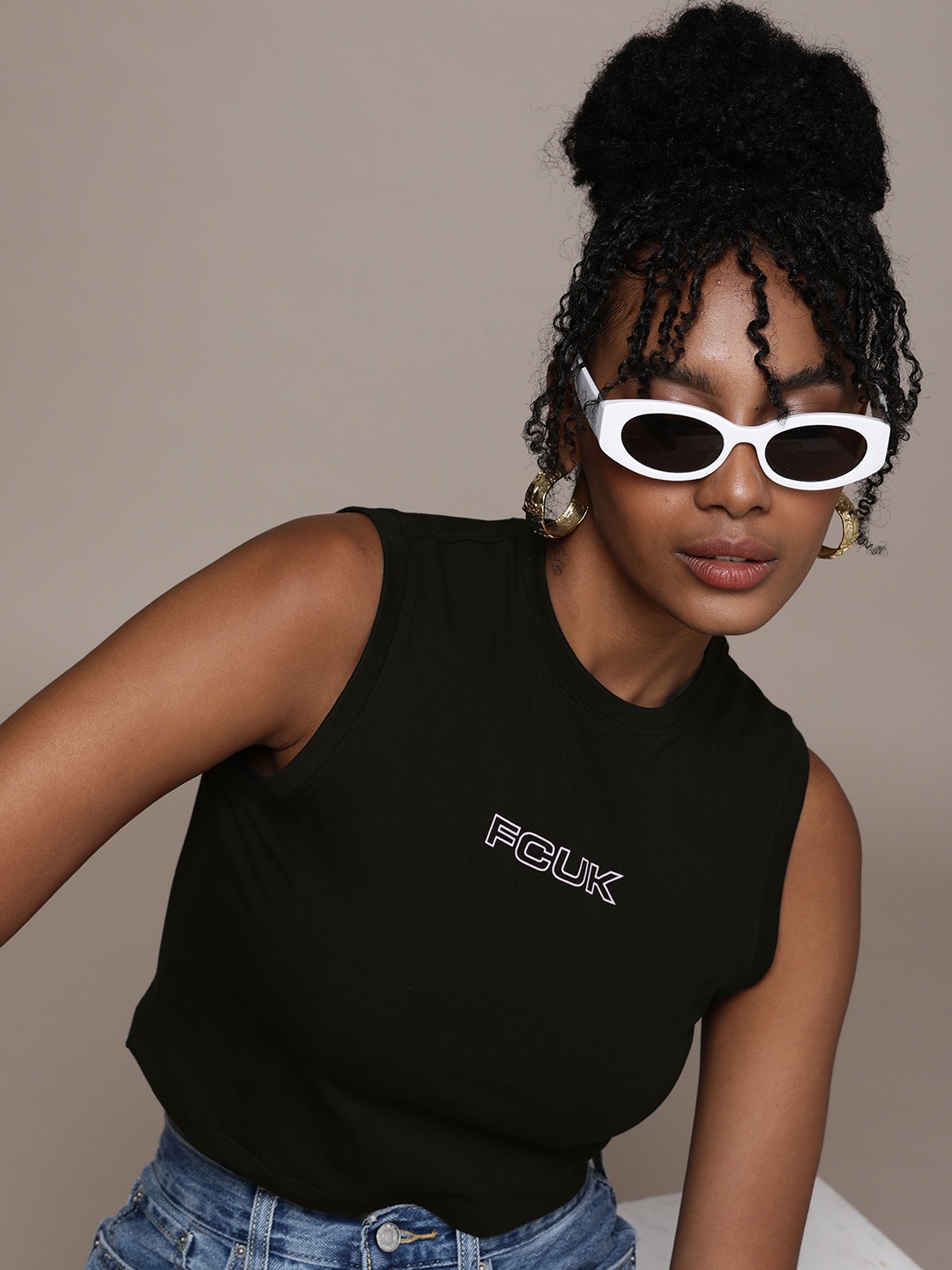

FCUK Brand Logo Printed Crop T-shirt, Black
