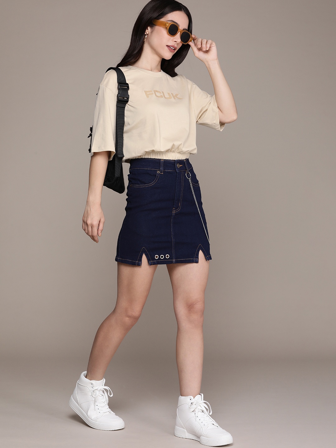 

FCUK Brand Logo Printed Drop-Shoulder Sleeves Pure Cotton T-shirt, Beige