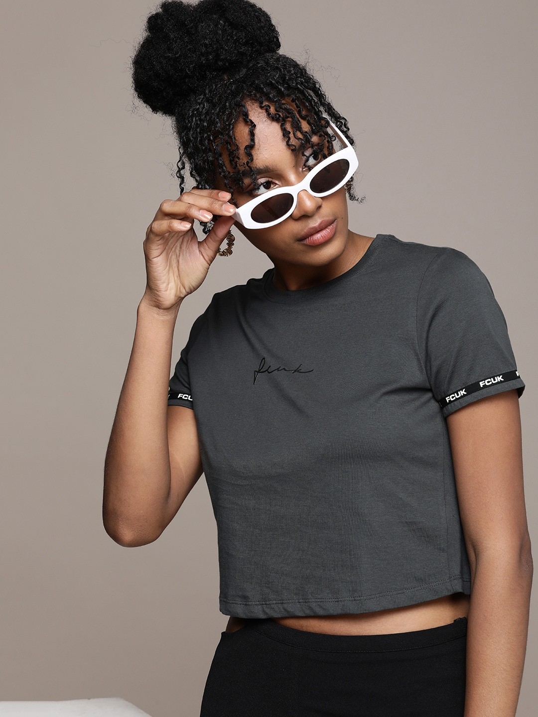 

FCUK Brand Logo Printed Pure Cotton Crop T-shirt, Grey