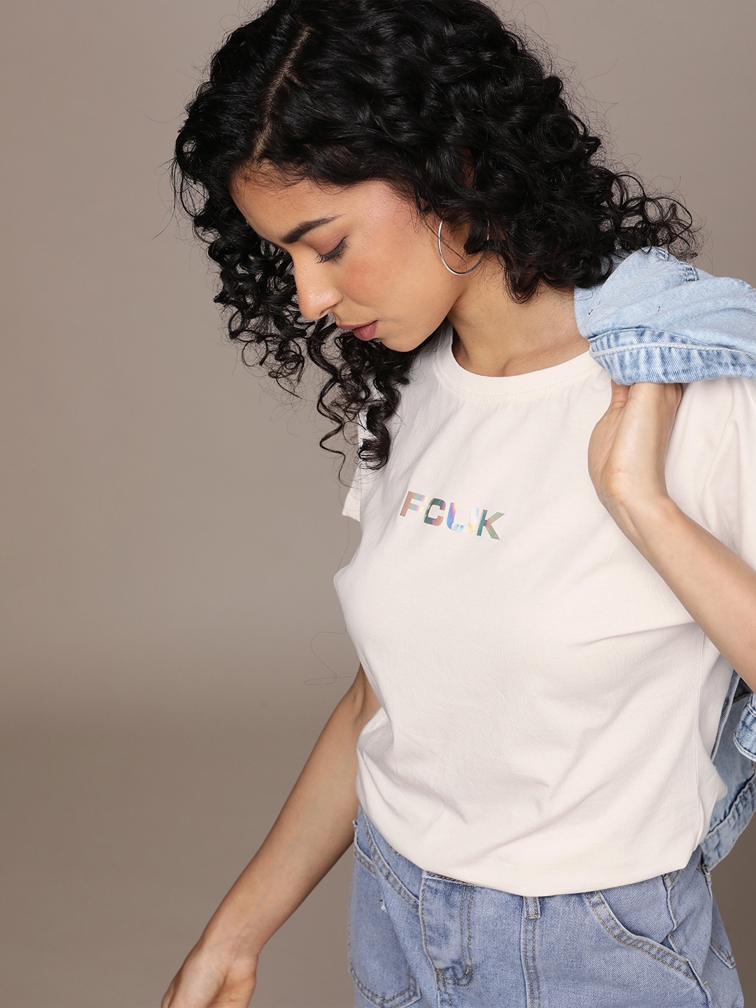 

FCUK Round Neck Brand Logo Print Pure Cotton T-shirt, Off white