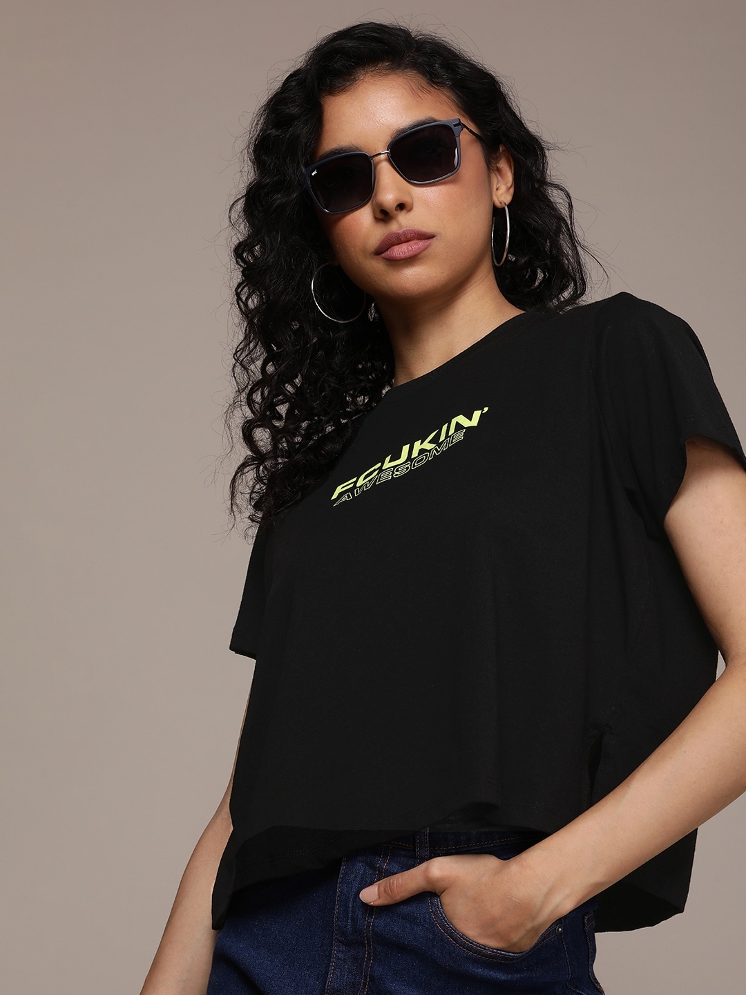 

FCUK Round Neck Typography Printed Pure Cotton T-shirt, Black