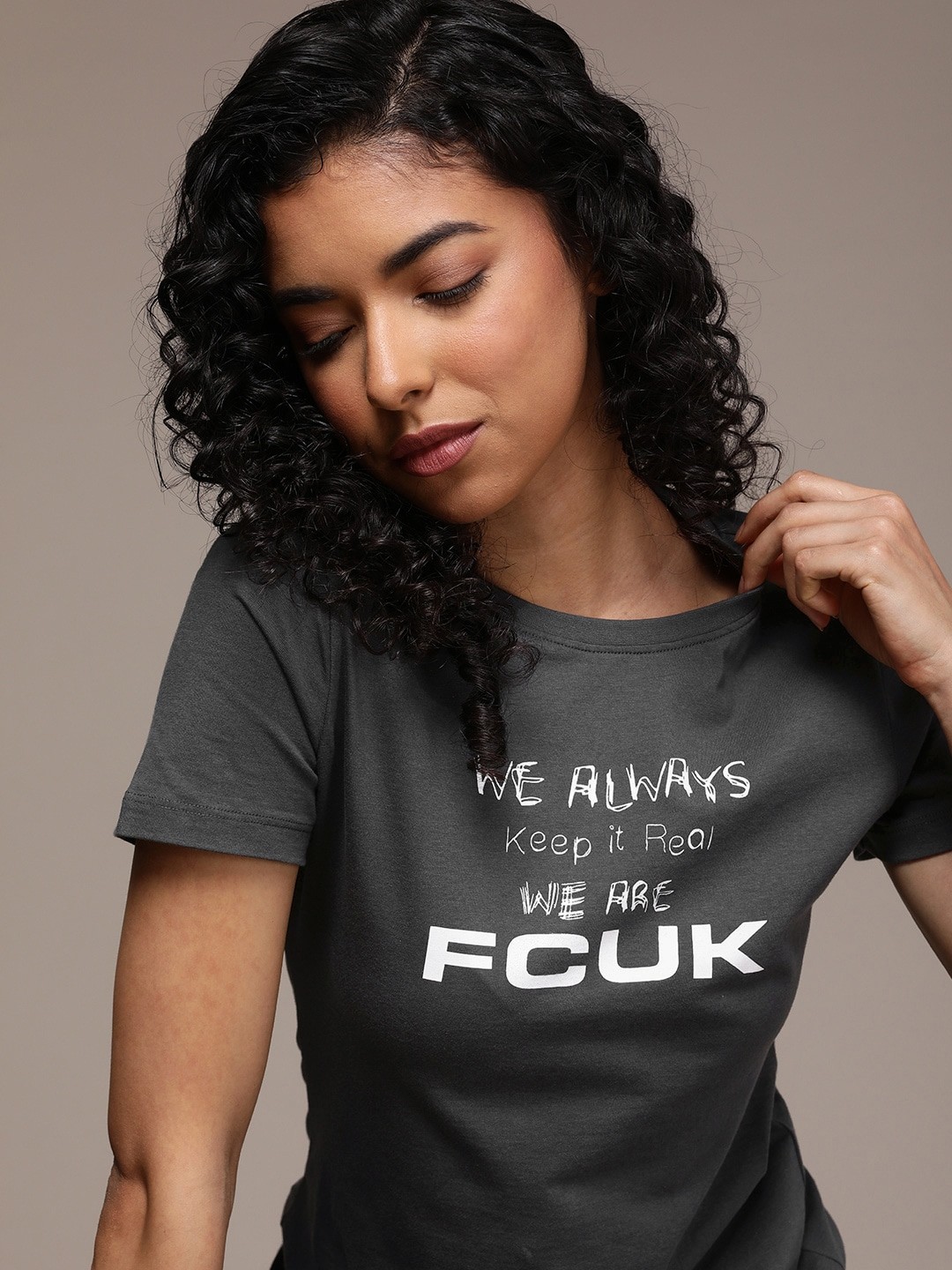 

FCUK Women Typography Printed Pure Cotton T-shirt, Grey