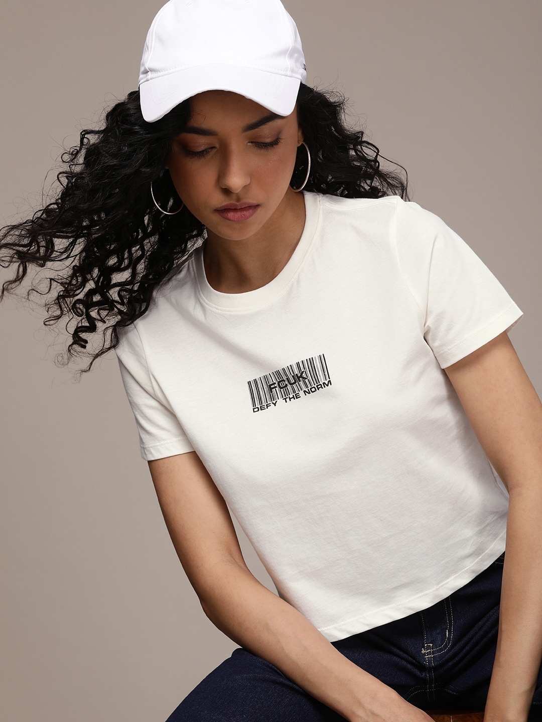 

FCUK Women Pure Cotton Brand Logo Printed Crop T-shirt, White