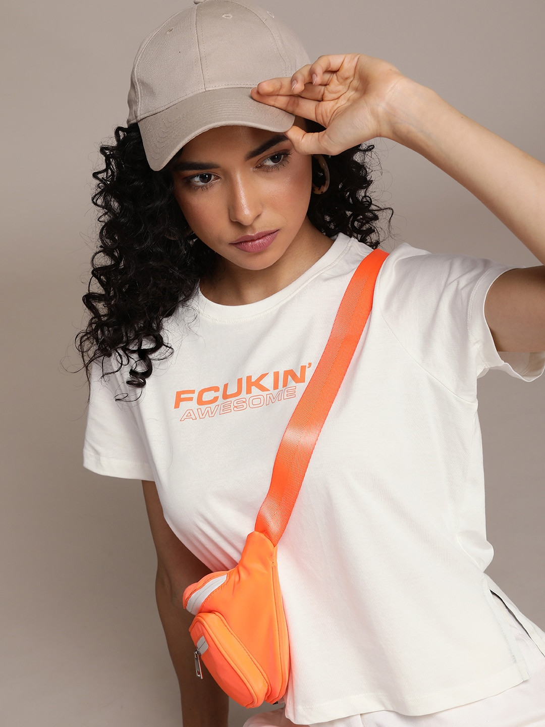 

FCUK Women Pure Cotton Brand Logo Printed T-shirt, White