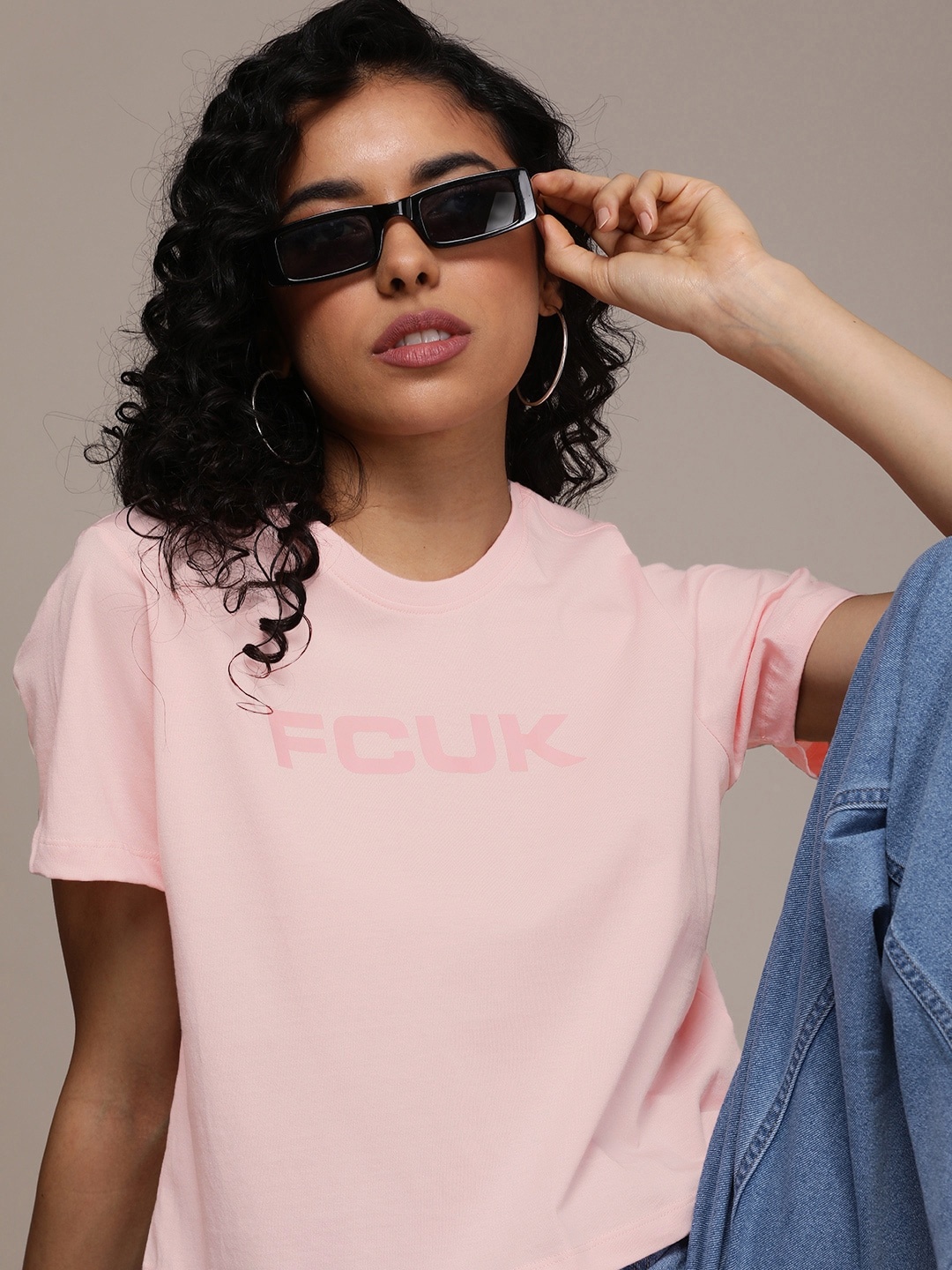 

FCUK Women Pure Cotton Brand Logo Printed Crop T-shirt, Pink
