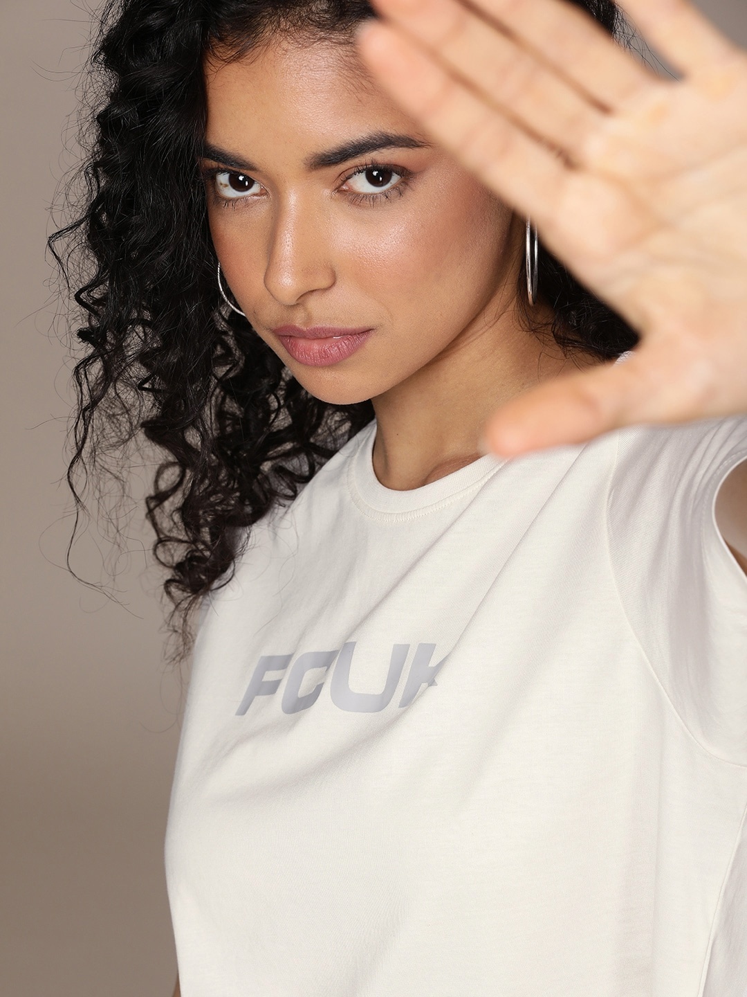 

FCUK Women Pure Cotton Brand Logo Printed Crop T-shirt, White