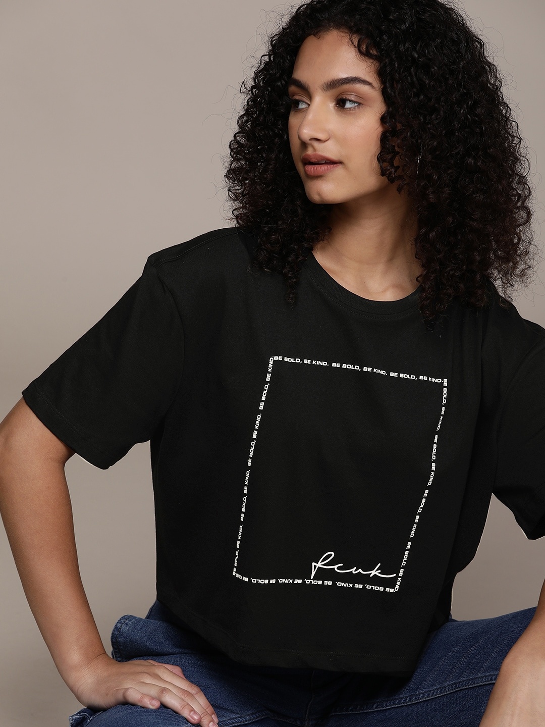 

FCUK Typography Printed Pure Cotton Boxy T-shirt, Black