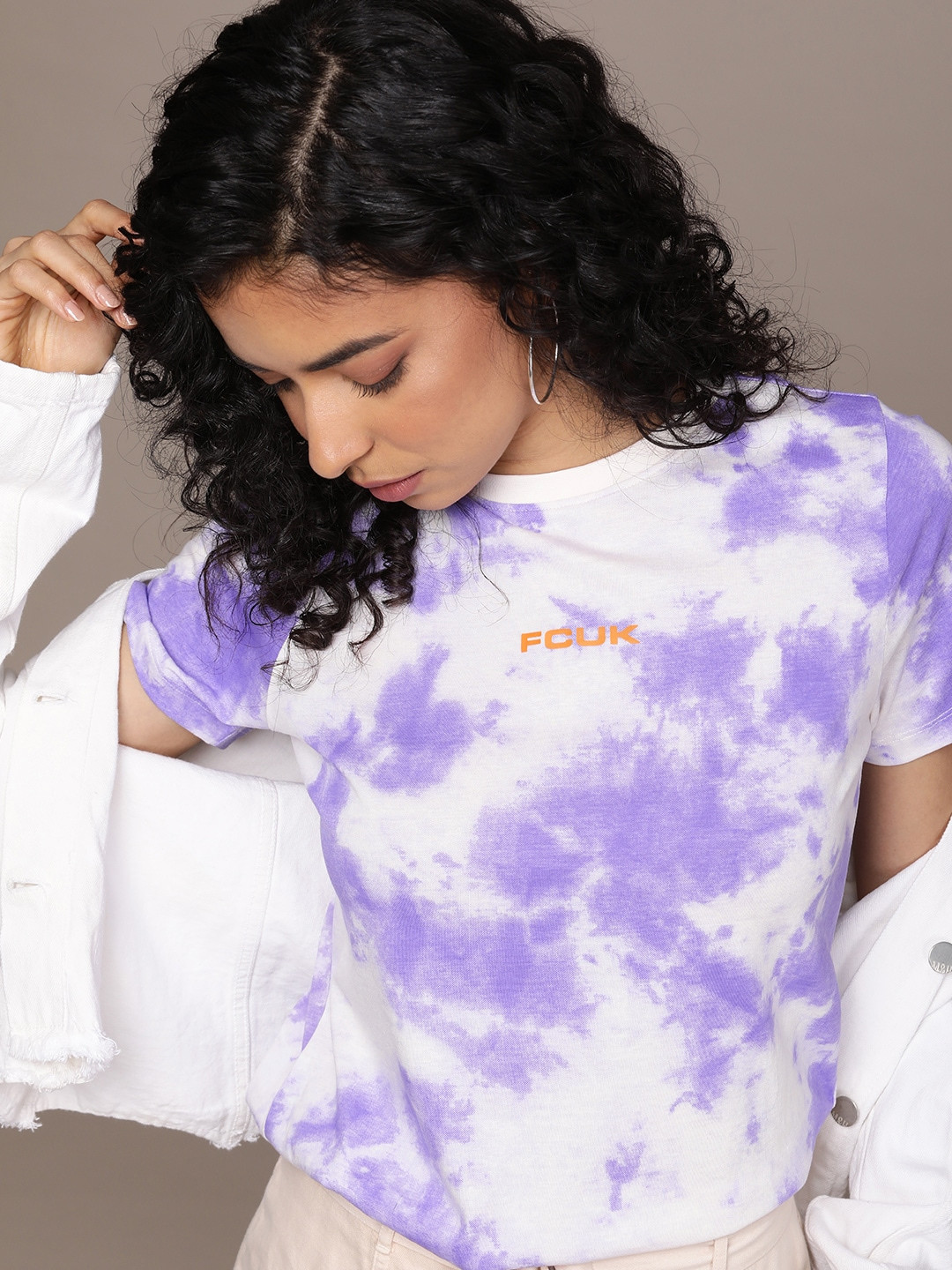 

FCUK Round Neck Tie and Dye Pure Cotton T-shirt, Purple