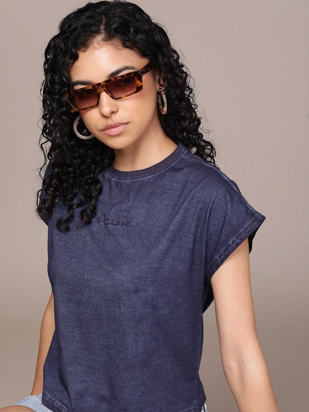 

FCUK Women Solid Extended Sleeves Pure Cotton T-shirt, Navy blue