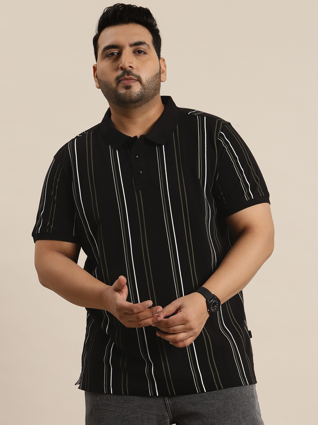 

Sztori Plus Size Striped Polo Collar Pure Cotton T-shirt, Black