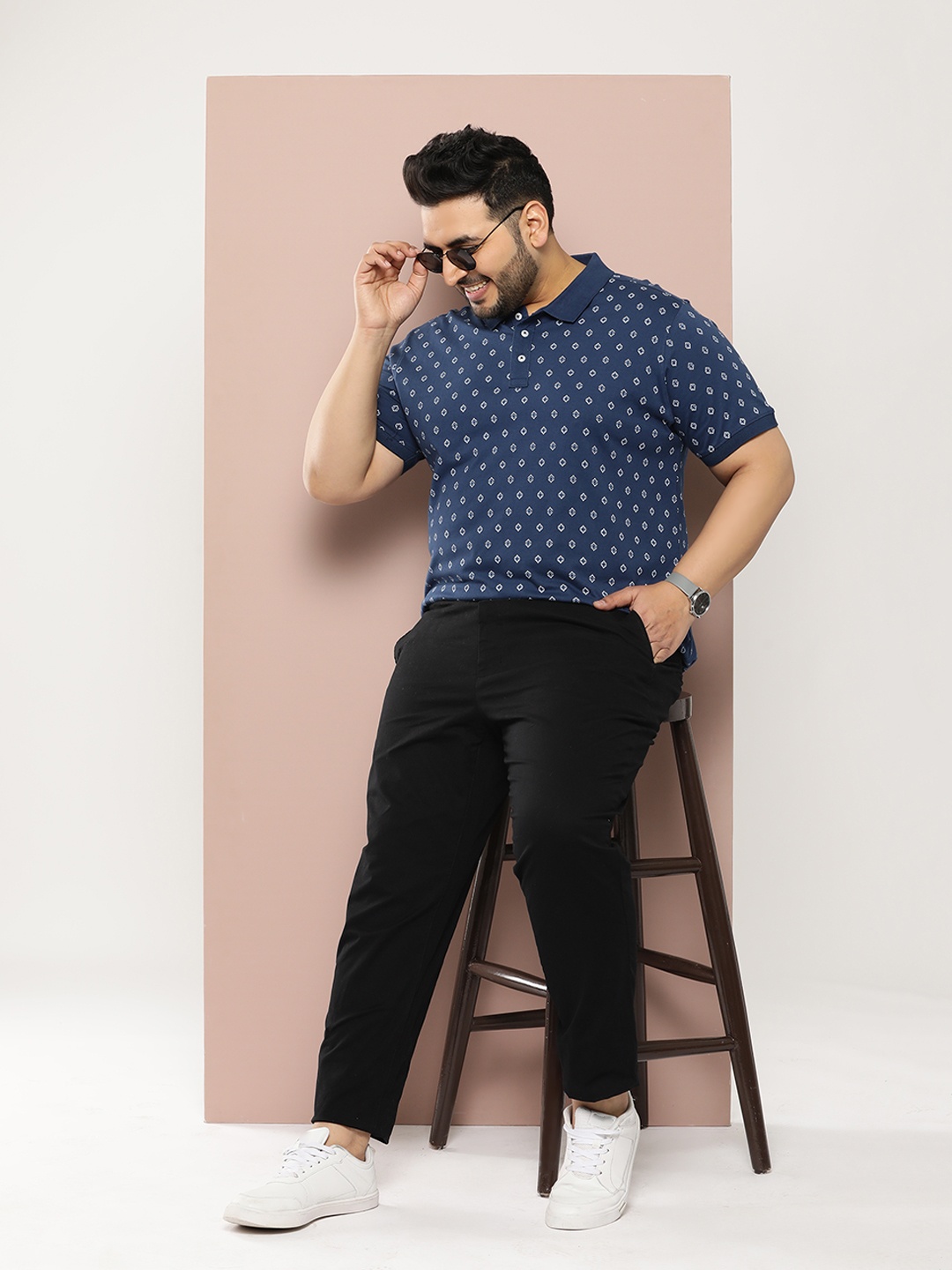 

Sztori Plus Size Printed Pure Cotton Polo Collar T-shirt, Blue