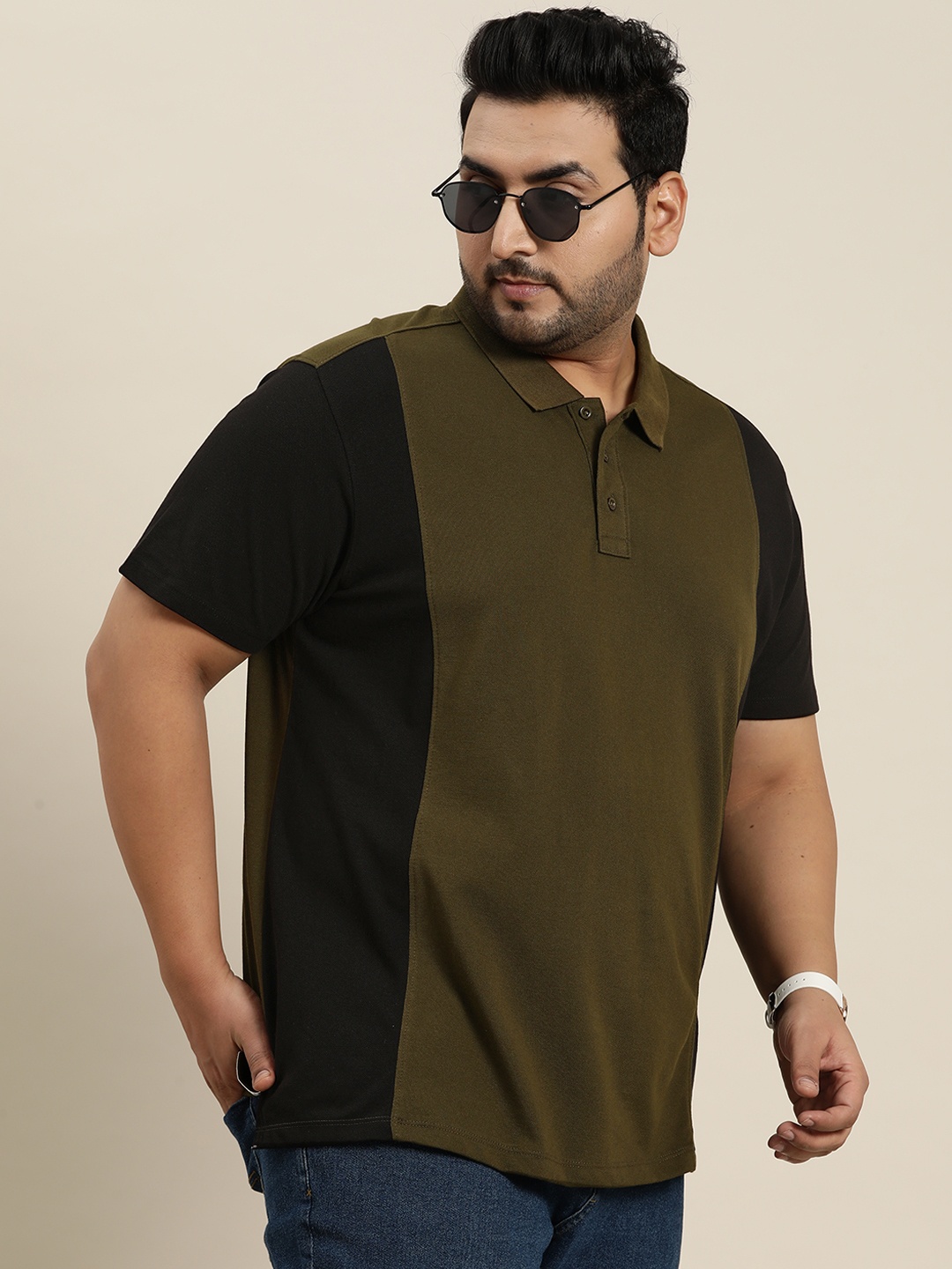 

Sztori Plus Size Colourblocked Polo Collar T-shirt, Olive