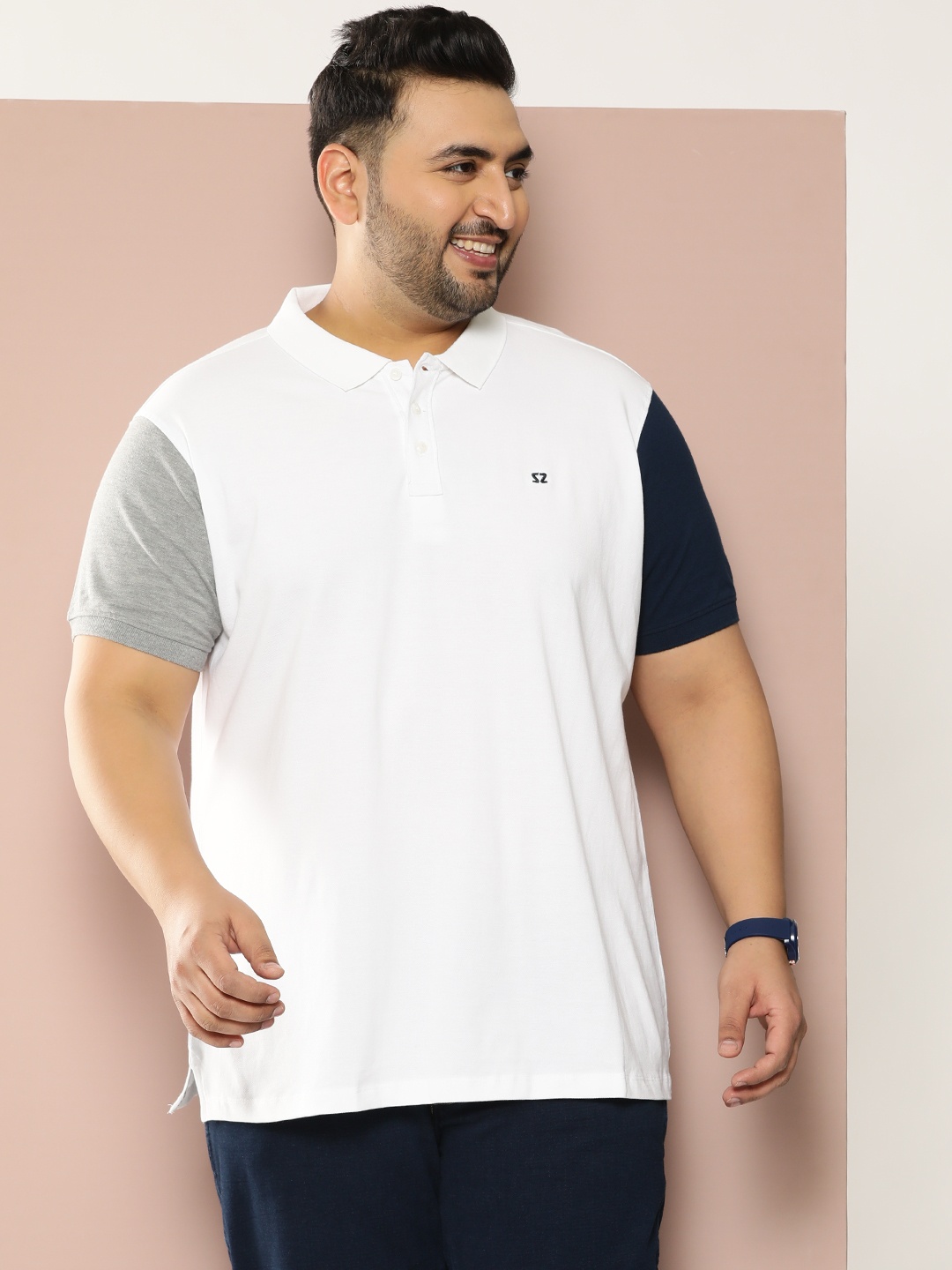 

Sztori Plus Size Contrasting Sleeves Detailed Pure Cotton Polo Collar T-shirt, White