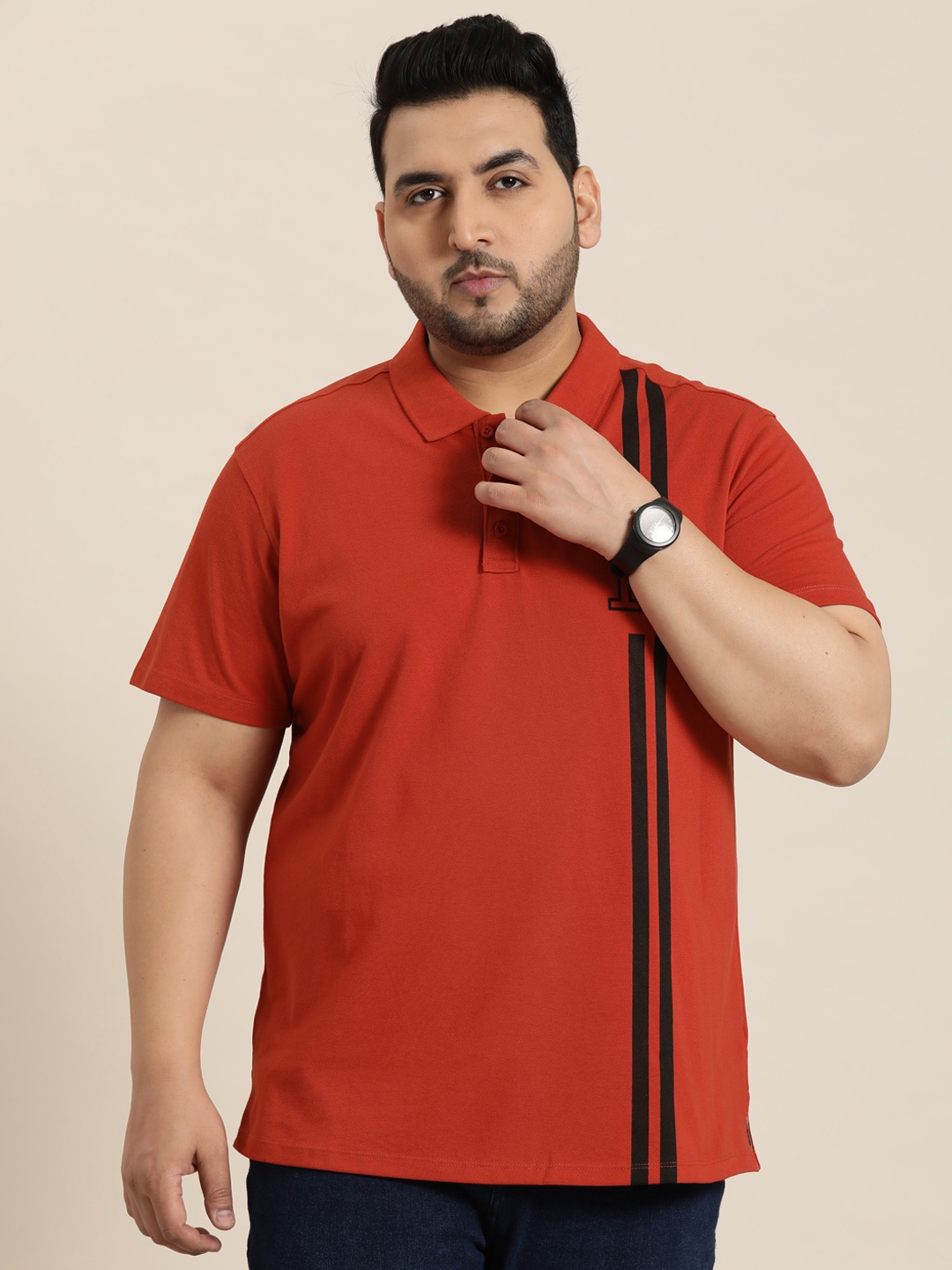 

Sztori Plus Size Striped Polo Collar T-shirt, Rust