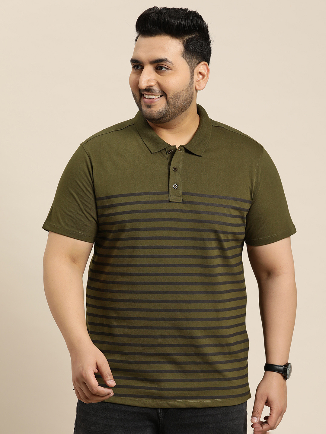 

Sztori Plus Size Striped Polo Collar T-shirt, Olive