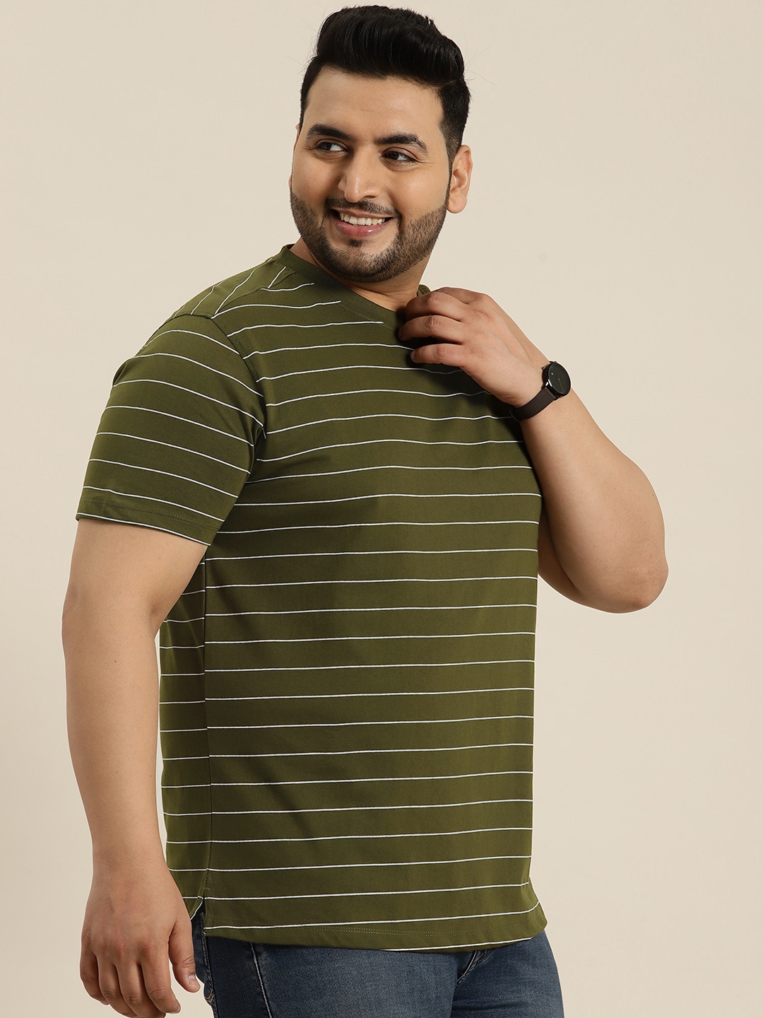 

Sztori Men Plus Size Striped T-shirt, Olive