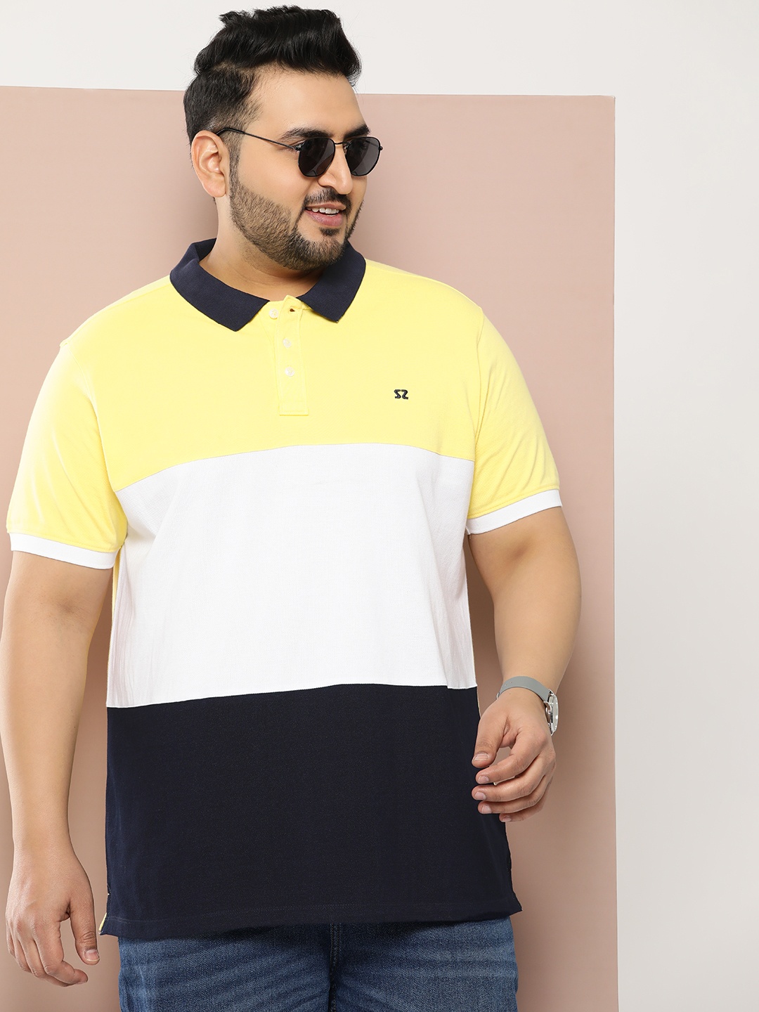 

Sztori Plus Size Colourblocked Pure Cotton Polo Collar T-shirt, White