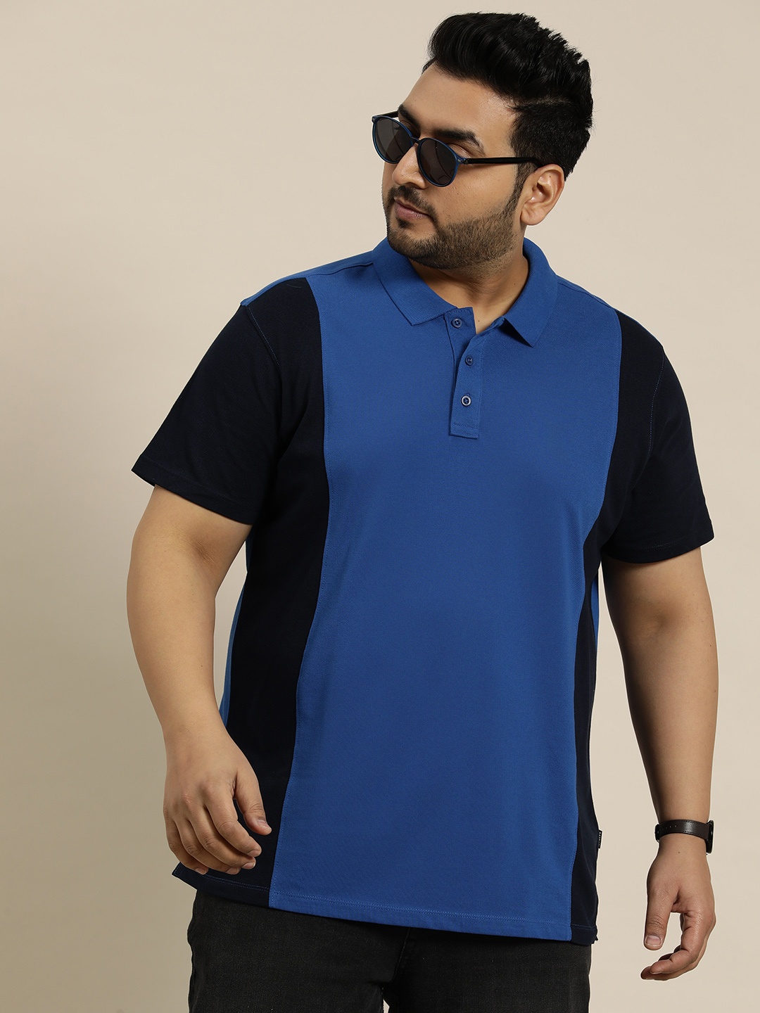 

Sztori Plus Size Colourblocked Polo Collar T-shirt, Blue