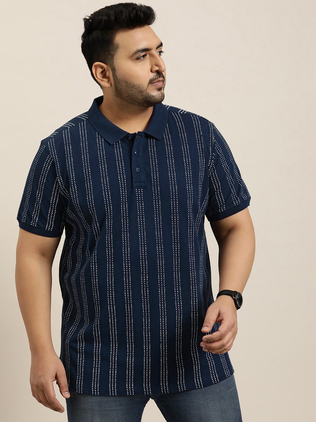 

Sztori Plus Size Geometric Print Polo Collar Pure Cotton T-shirt, Navy blue