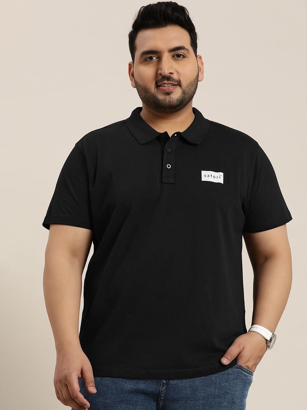 

Sztori Men Plus Size Brand Logo Detail Polo Collar T-shirt, Black