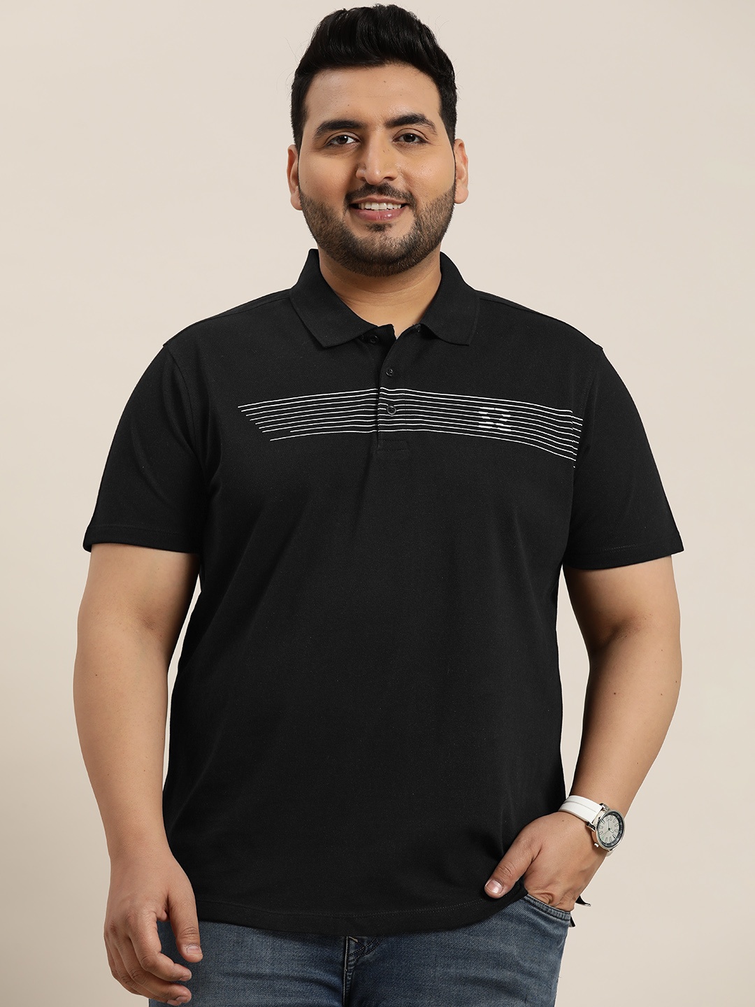 

Sztori Men Plus Size Striped Polo Collar T-shirt, Black